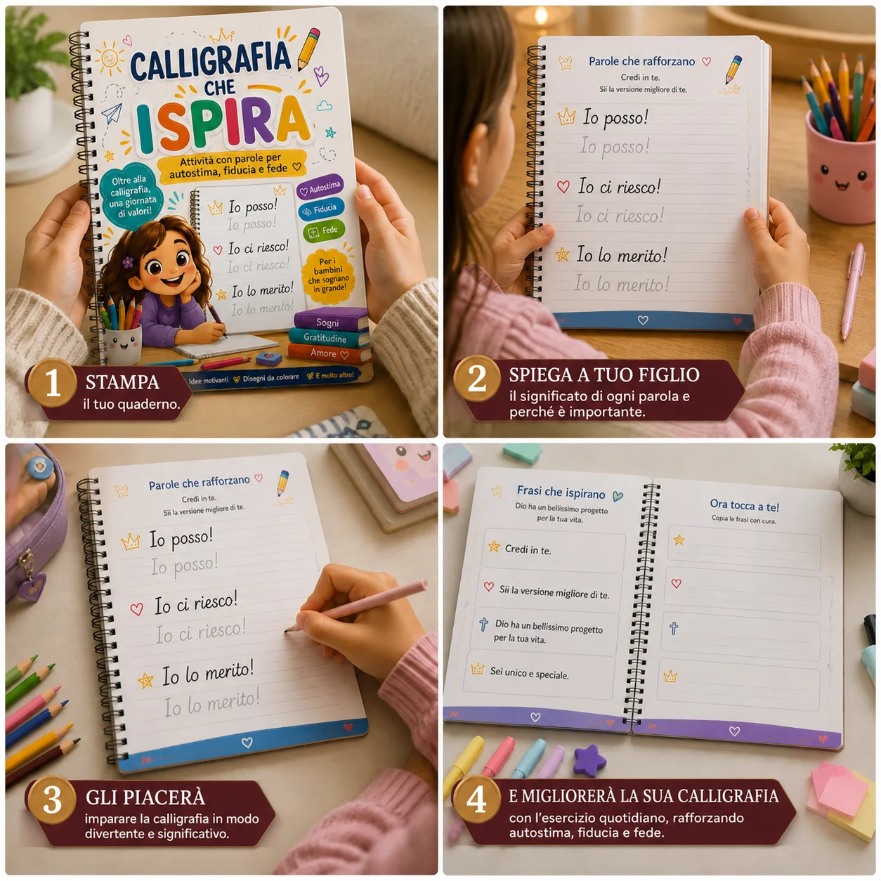 Bambina che usa il quaderno Calligrafia che Ispira in quattro fasi